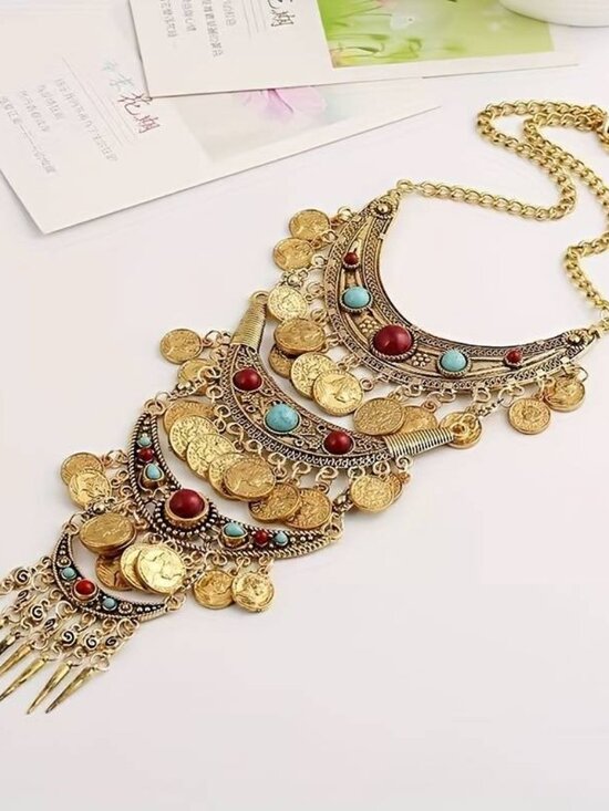 068 Ethnic-Inspired Vintage Coin Necklace - Multi-Layer Zinc Alloy Pendant - Picture 1 of 1